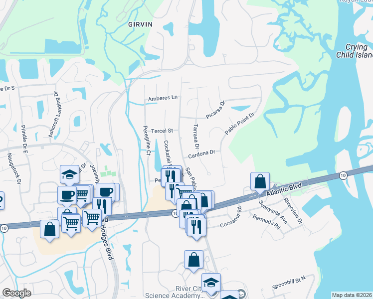 map of restaurants, bars, coffee shops, grocery stores, and more near 225 San Pablo Road North in Jacksonville