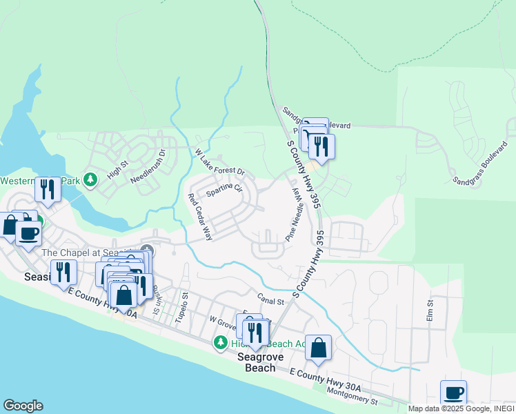 map of restaurants, bars, coffee shops, grocery stores, and more near 1383 Western Lake Drive in Santa Rosa Beach