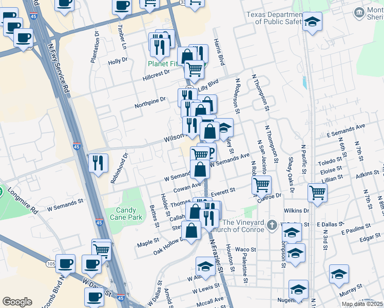 map of restaurants, bars, coffee shops, grocery stores, and more near 901 Wilson Road in Conroe