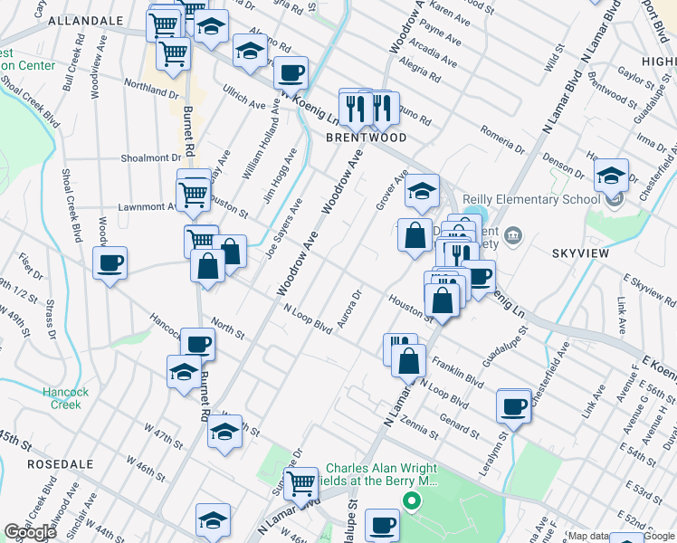 map of restaurants, bars, coffee shops, grocery stores, and more near 5413 Grover Avenue in Austin