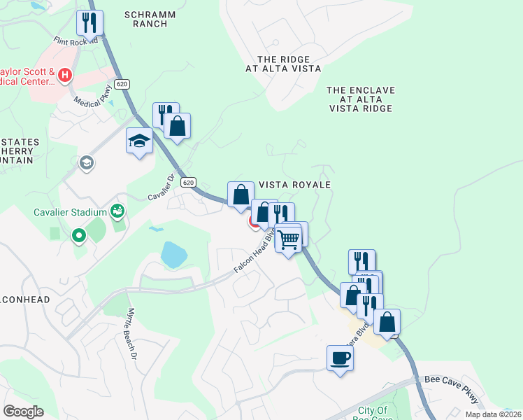 map of restaurants, bars, coffee shops, grocery stores, and more near 3561 Ranch Road 620 South in Austin
