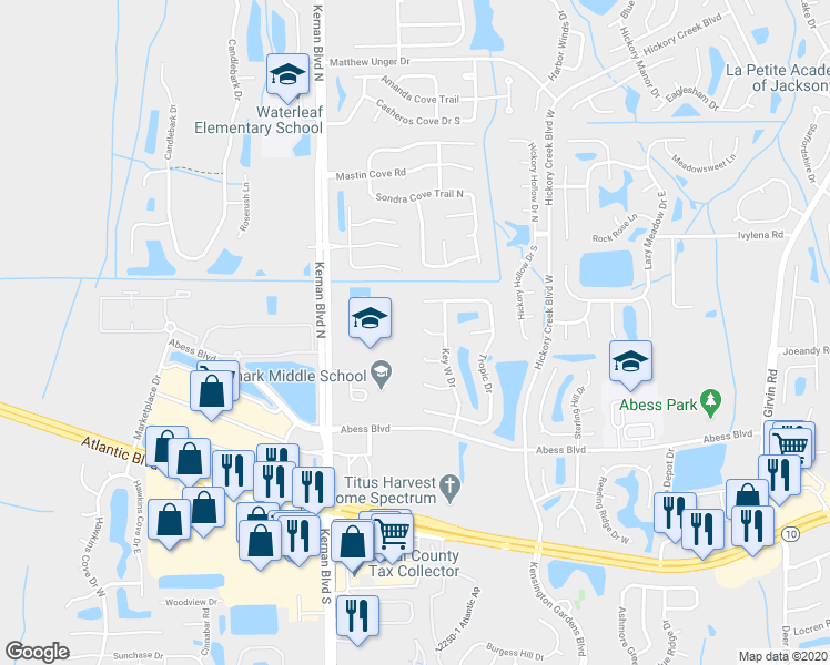 map of restaurants, bars, coffee shops, grocery stores, and more near 12340 Guava Court in Jacksonville