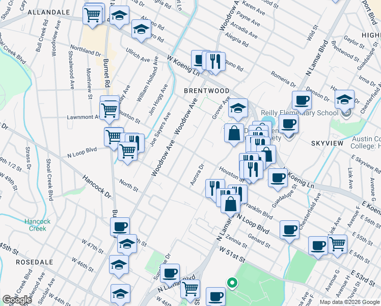 map of restaurants, bars, coffee shops, grocery stores, and more near 5413 Grover Avenue in Austin