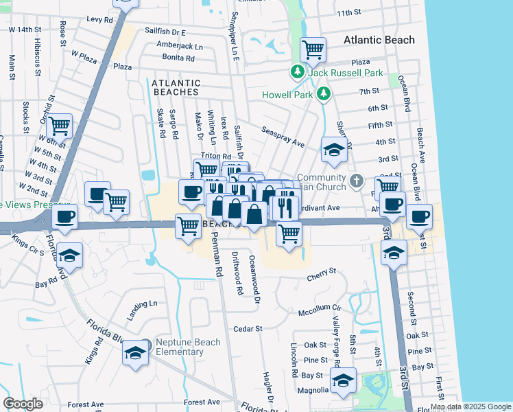 map of restaurants, bars, coffee shops, grocery stores, and more near 108 Seminole Road in Atlantic Beach