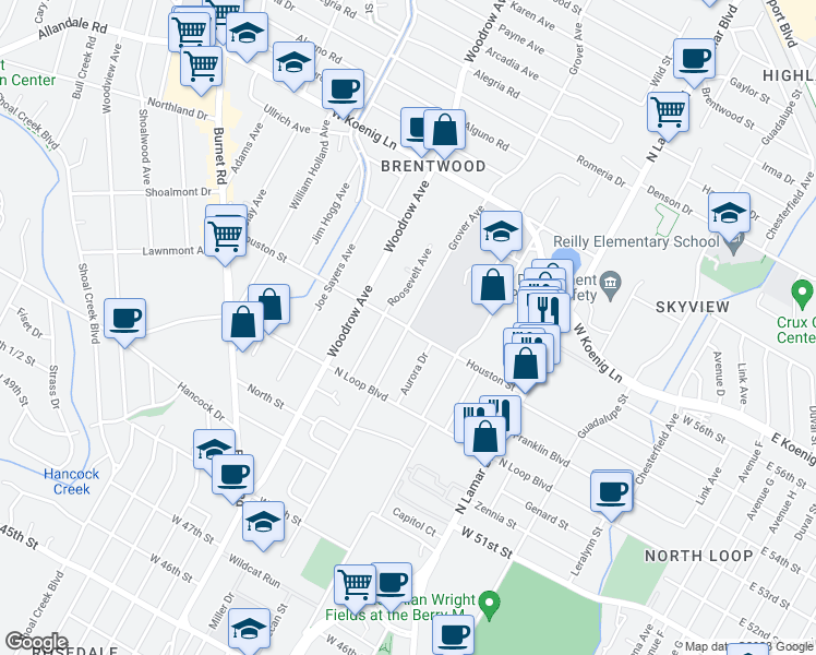 map of restaurants, bars, coffee shops, grocery stores, and more near Grover Ave & Houston St in Austin