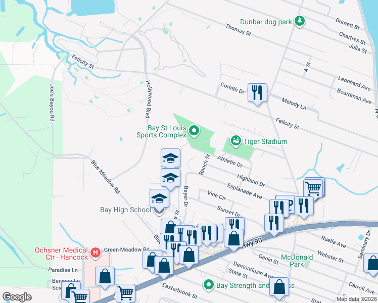 map of restaurants, bars, coffee shops, grocery stores, and more near 4 Wood Place in Bay St. Louis