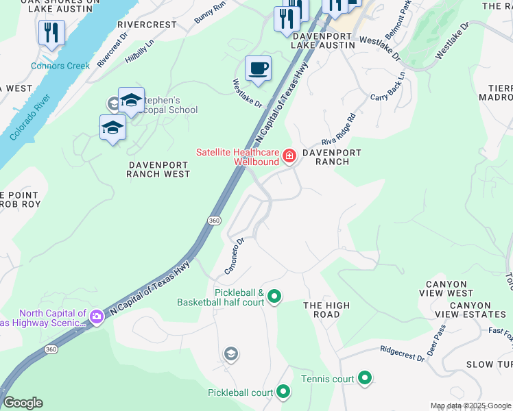map of restaurants, bars, coffee shops, grocery stores, and more near 40 Davenport Rim in Austin