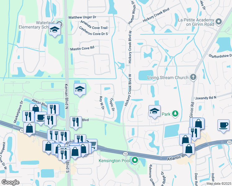 map of restaurants, bars, coffee shops, grocery stores, and more near 12602 Tropic Drive in Jacksonville