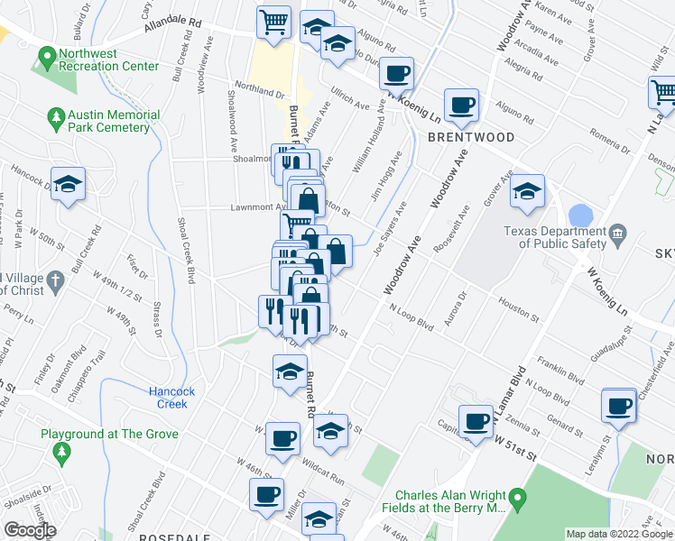 map of restaurants, bars, coffee shops, grocery stores, and more near in Austin