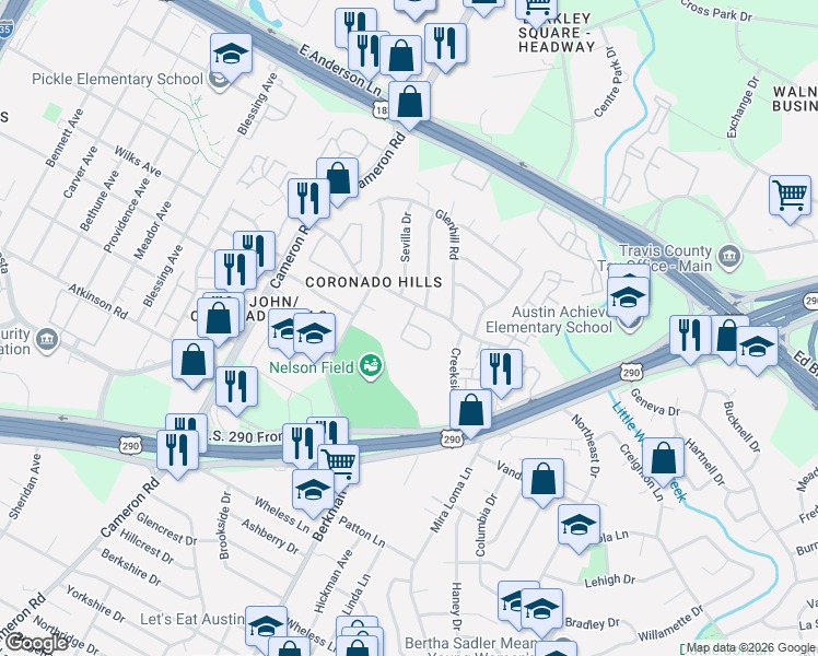 map of restaurants, bars, coffee shops, grocery stores, and more near 7266 Coronado Circle in Austin