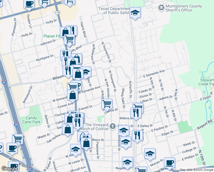 map of restaurants, bars, coffee shops, grocery stores, and more near 1417 North San Jacinto Street in Conroe