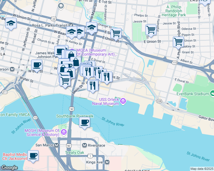 map of restaurants, bars, coffee shops, grocery stores, and more near 233 East Bay Street in Jacksonville