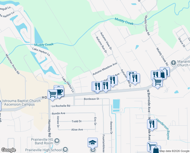 map of restaurants, bars, coffee shops, grocery stores, and more near 40037 Autumn Meadow Avenue in Prairieville