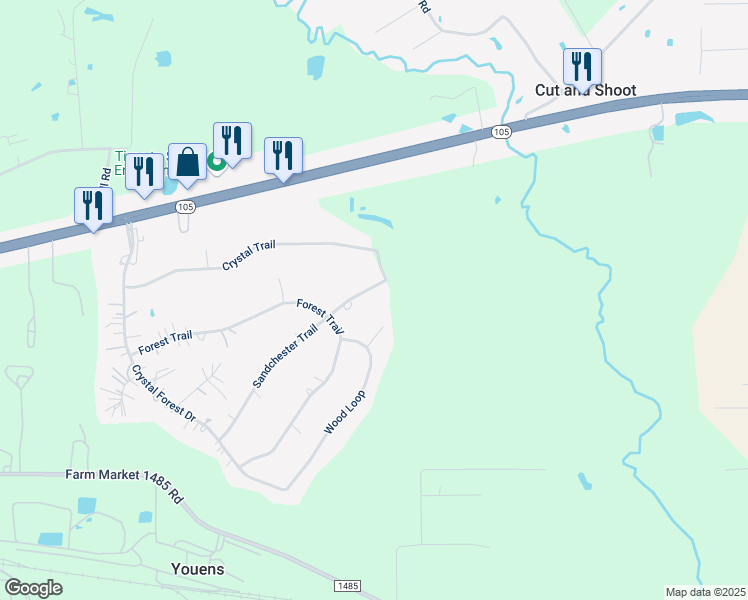 map of restaurants, bars, coffee shops, grocery stores, and more near 13580 Sandchester Trail in Conroe