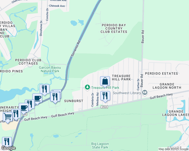 map of restaurants, bars, coffee shops, grocery stores, and more near 5218 Medina Road in Pensacola