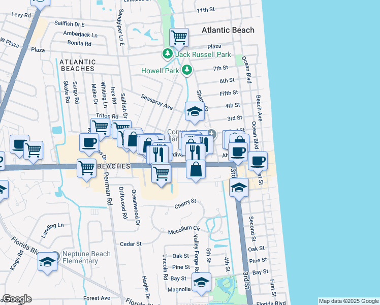 map of restaurants, bars, coffee shops, grocery stores, and more near 109 Sylvan Dr in Atlantic Beach