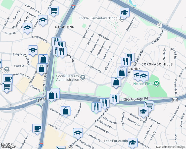 map of restaurants, bars, coffee shops, grocery stores, and more near 1044 Camino La Costa in Austin