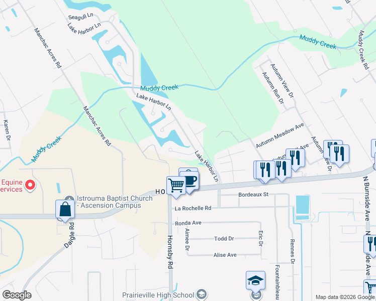 map of restaurants, bars, coffee shops, grocery stores, and more near 43118 Beacon Street in Prairieville