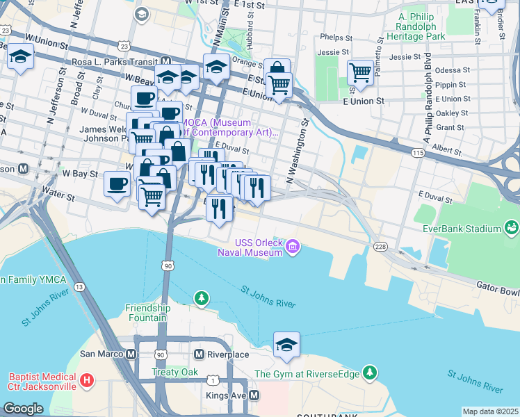 map of restaurants, bars, coffee shops, grocery stores, and more near 18 North Liberty Street in Jacksonville
