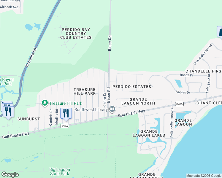 map of restaurants, bars, coffee shops, grocery stores, and more near 5608 Bauer Road in Pensacola