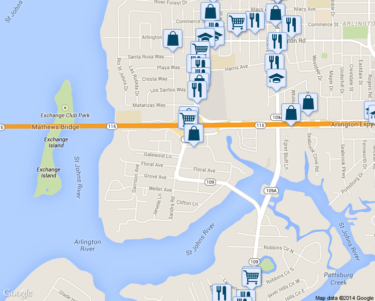 map of restaurants, bars, coffee shops, grocery stores, and more near 563 University Boulevard North in Jacksonville