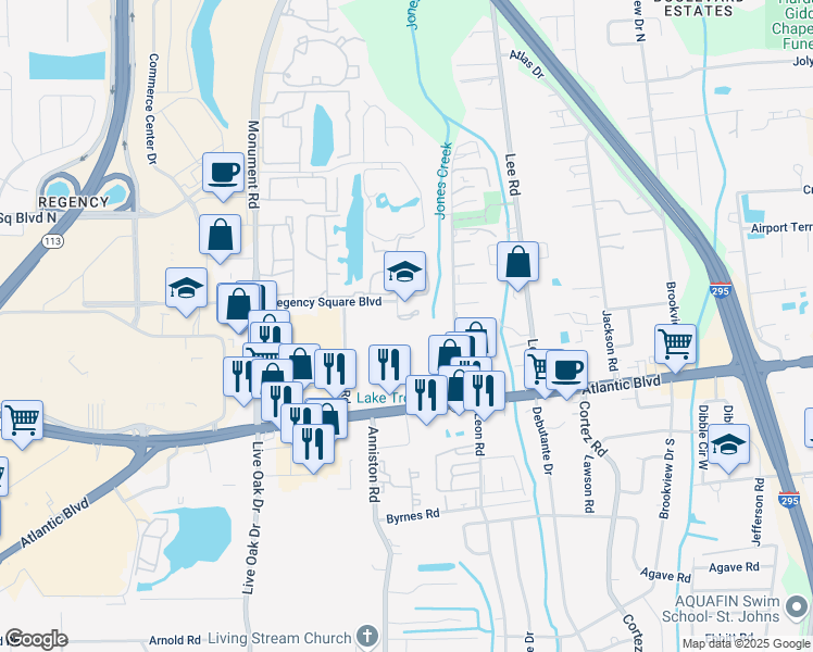 map of restaurants, bars, coffee shops, grocery stores, and more near 9920 Regency Square Boulevard in Jacksonville