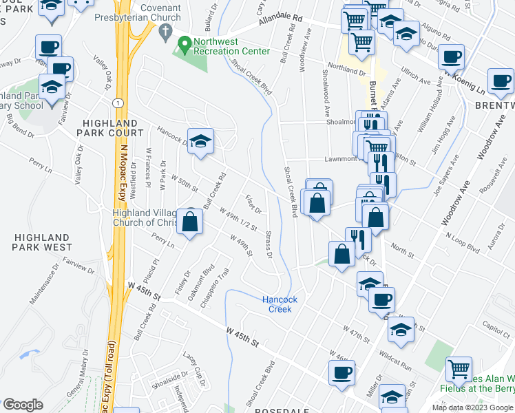 map of restaurants, bars, coffee shops, grocery stores, and more near 2606 Fiset Drive in Austin