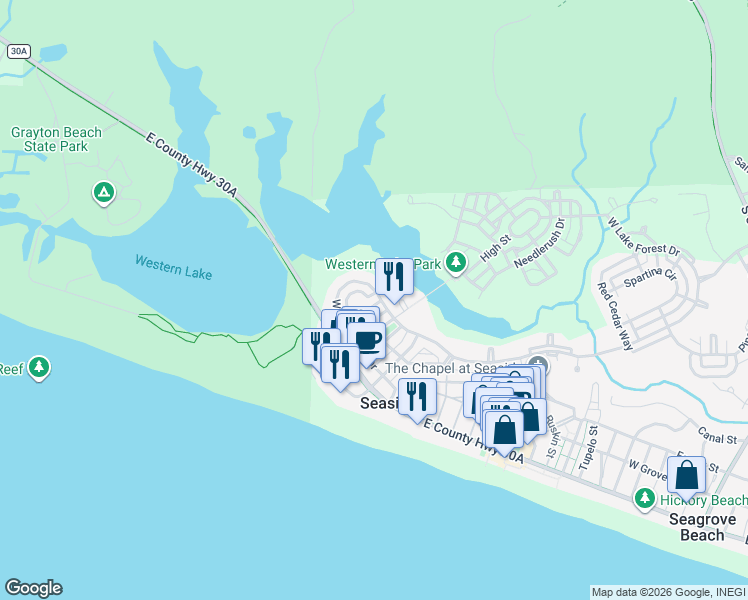 map of restaurants, bars, coffee shops, grocery stores, and more near 135 Buttercup Street in Santa Rosa Beach