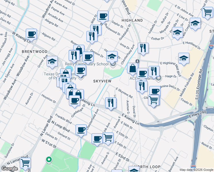 map of restaurants, bars, coffee shops, grocery stores, and more near 5806 Chesterfield Avenue in Austin