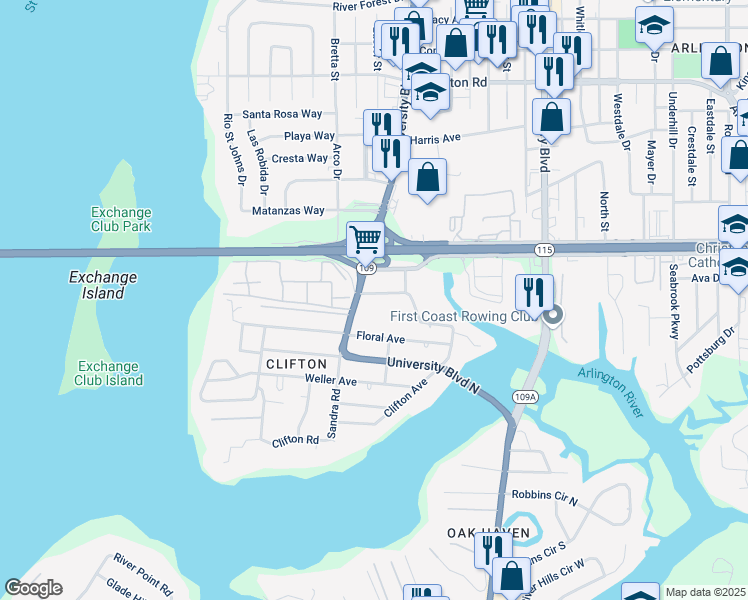 map of restaurants, bars, coffee shops, grocery stores, and more near 563 University Boulevard North in Jacksonville