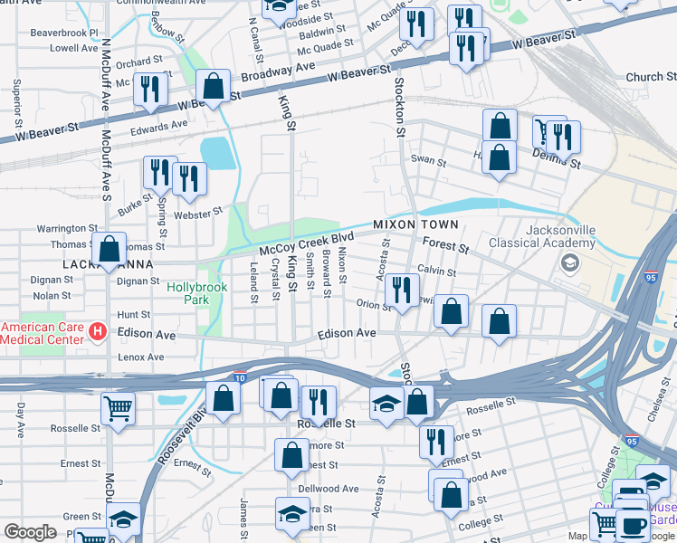 map of restaurants, bars, coffee shops, grocery stores, and more near 356 Nixon Street in Jacksonville
