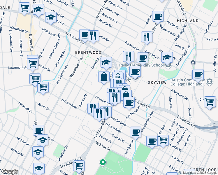 map of restaurants, bars, coffee shops, grocery stores, and more near 5604 North Lamar Boulevard in Austin