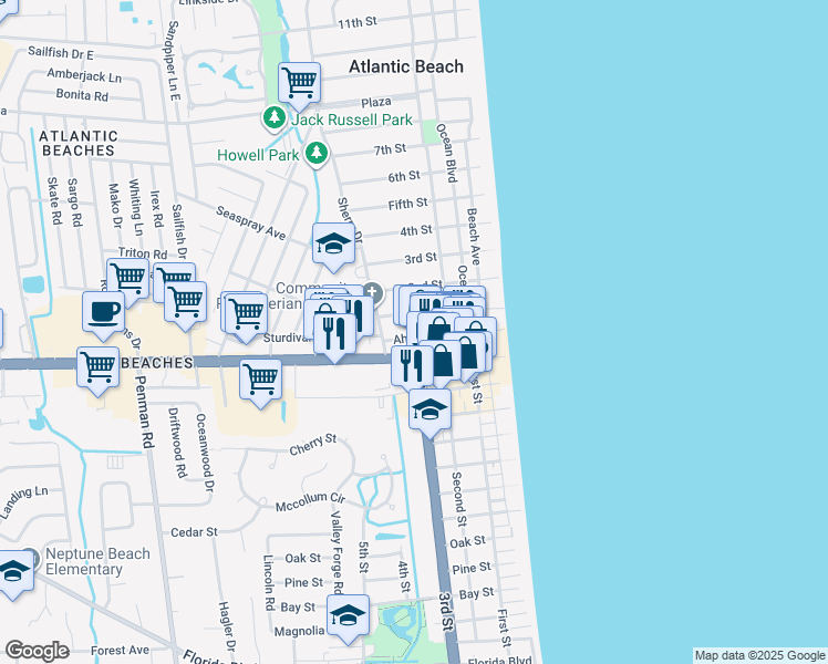 map of restaurants, bars, coffee shops, grocery stores, and more near 373 Ahern Street in Atlantic Beach