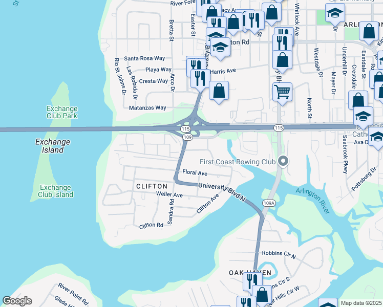 map of restaurants, bars, coffee shops, grocery stores, and more near 563 University Boulevard North in Jacksonville