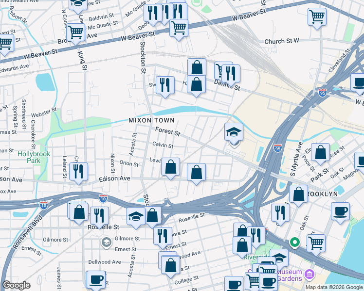 map of restaurants, bars, coffee shops, grocery stores, and more near 2285 Calvin Street in Jacksonville
