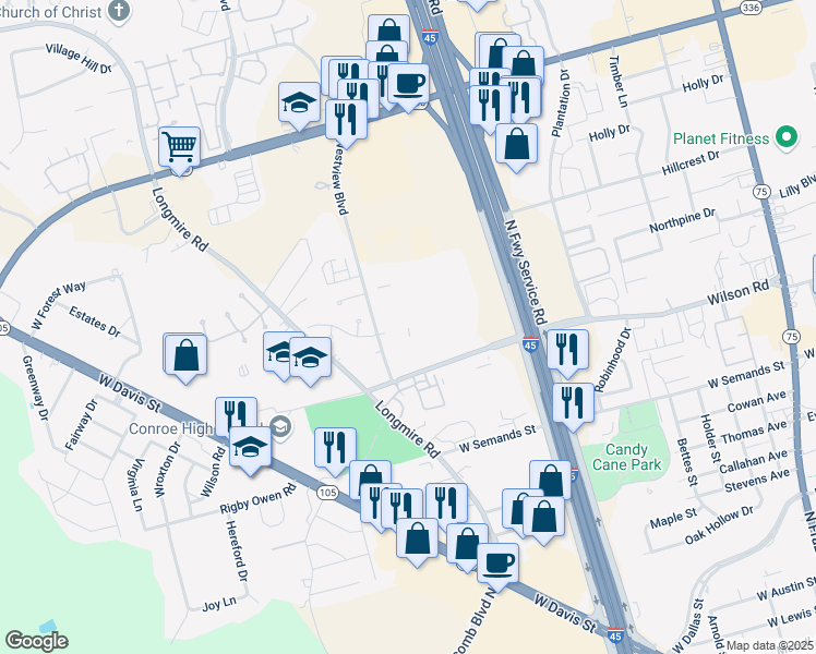 map of restaurants, bars, coffee shops, grocery stores, and more near 1900 Westview Boulevard in Conroe
