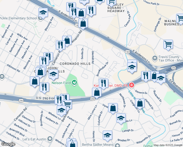 map of restaurants, bars, coffee shops, grocery stores, and more near 1708 Coronado Hills Drive in Austin