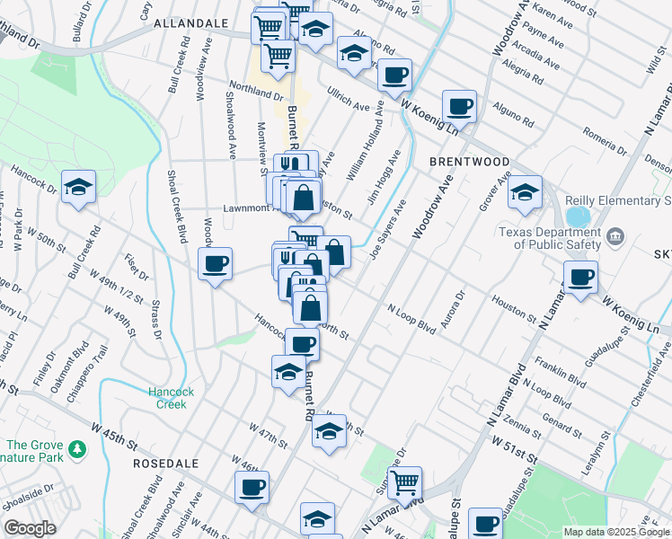 map of restaurants, bars, coffee shops, grocery stores, and more near in Austin