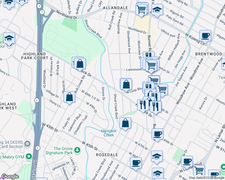 map of restaurants, bars, coffee shops, grocery stores, and more near 5003 Strass Drive in Austin