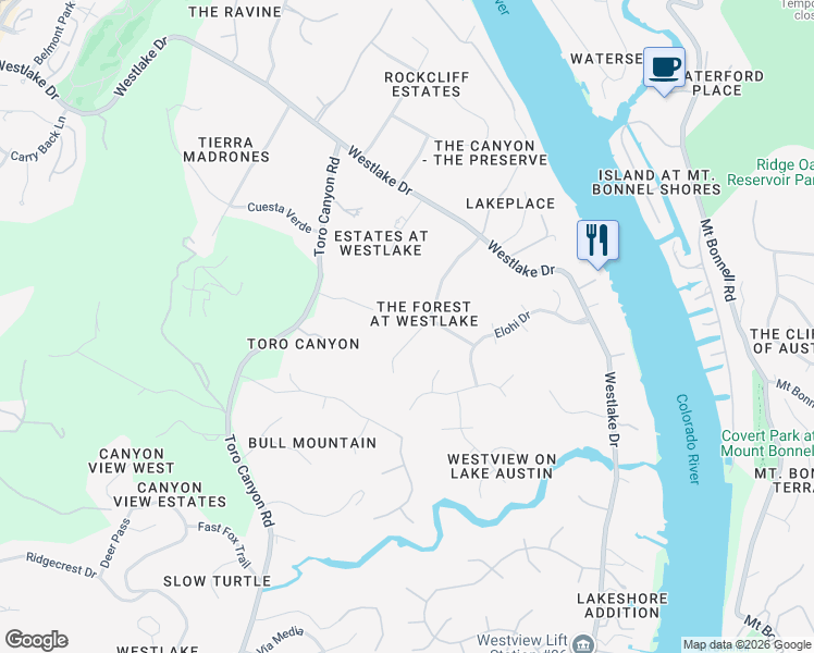 map of restaurants, bars, coffee shops, grocery stores, and more near 3510 Woodcutters Way in Austin