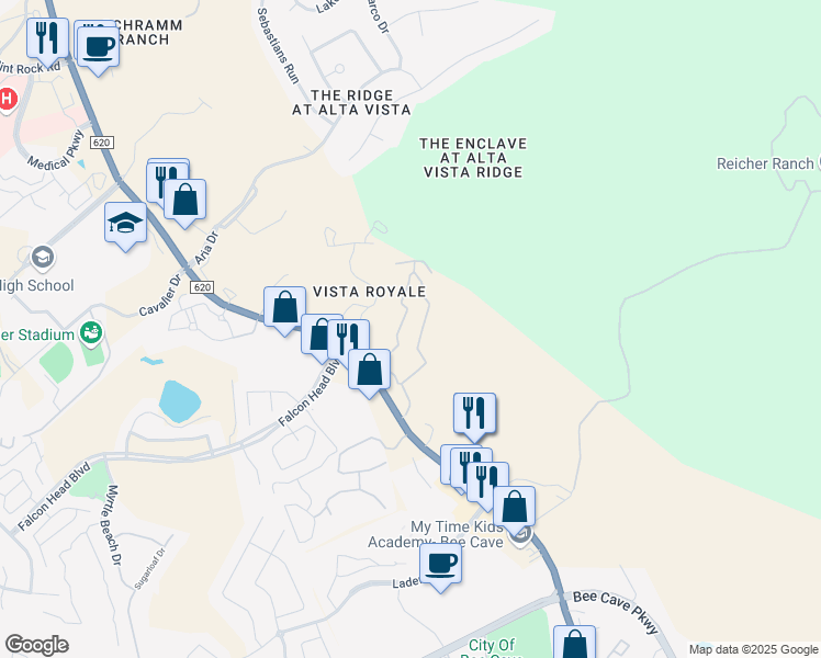 map of restaurants, bars, coffee shops, grocery stores, and more near 3501 Ranch Road 620 South in Bee Cave