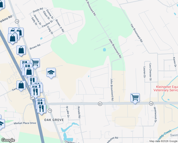 map of restaurants, bars, coffee shops, grocery stores, and more near 38158 Louisiana 42 in Prairieville