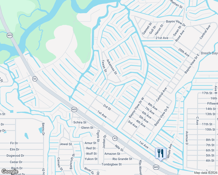 map of restaurants, bars, coffee shops, grocery stores, and more near 10041 Louisiana Street in Bay St. Louis