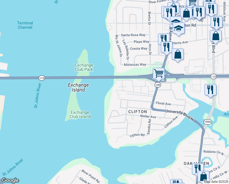 map of restaurants, bars, coffee shops, grocery stores, and more near 526 Clifton Bluff Lane in Jacksonville
