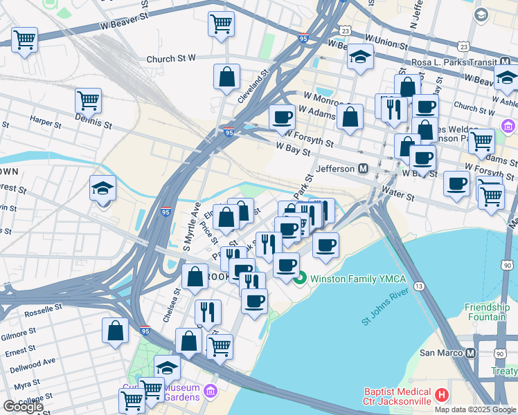 map of restaurants, bars, coffee shops, grocery stores, and more near 145 Chelsea Street in Jacksonville