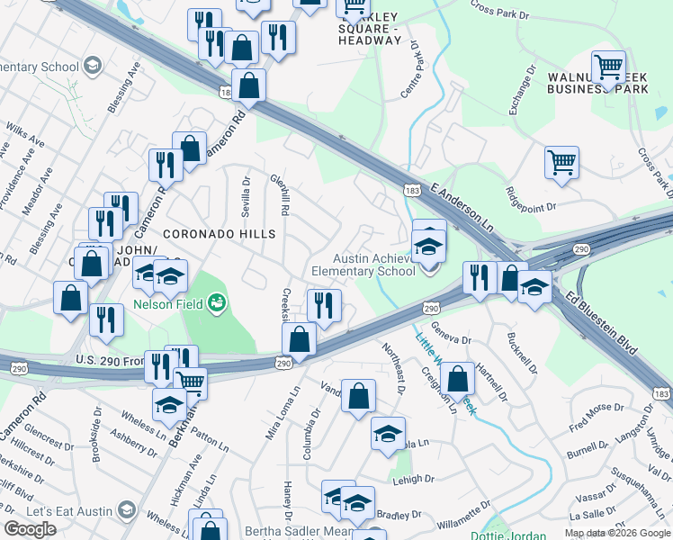 map of restaurants, bars, coffee shops, grocery stores, and more near 2006 Voltaire Drive in Austin