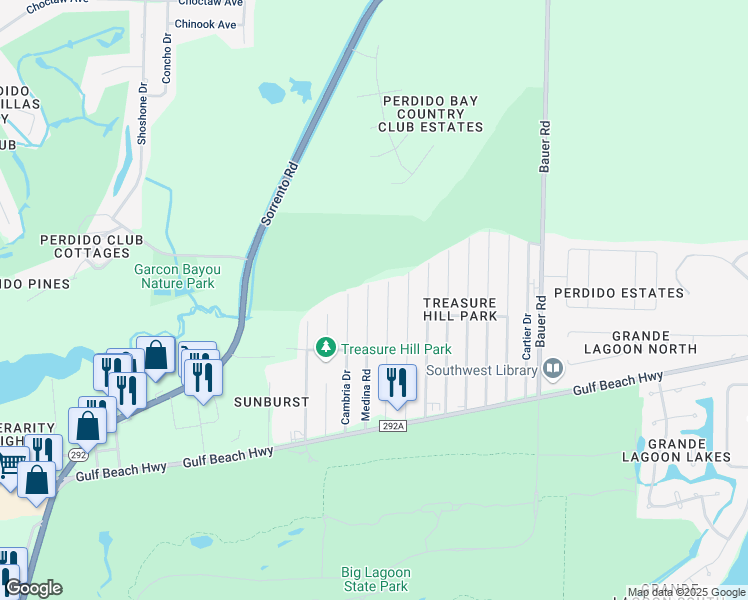 map of restaurants, bars, coffee shops, grocery stores, and more near 5218 Medina Road in Pensacola