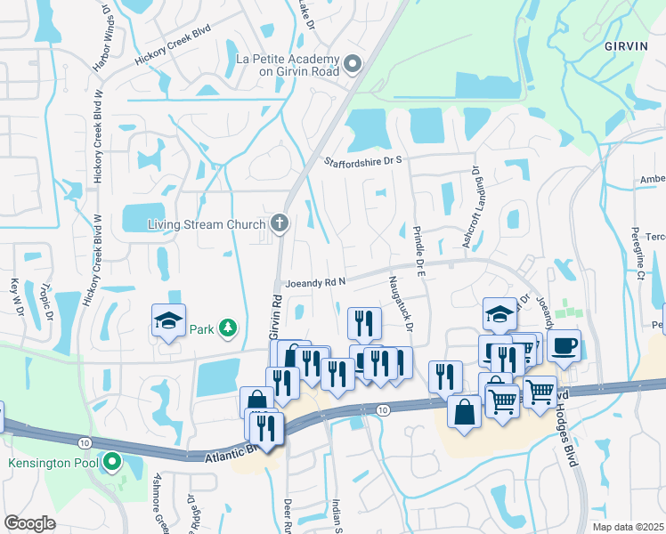 map of restaurants, bars, coffee shops, grocery stores, and more near 217 Nadia Michelle Court South in Jacksonville