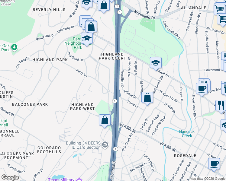 map of restaurants, bars, coffee shops, grocery stores, and more near 3018 Perry Lane in Austin
