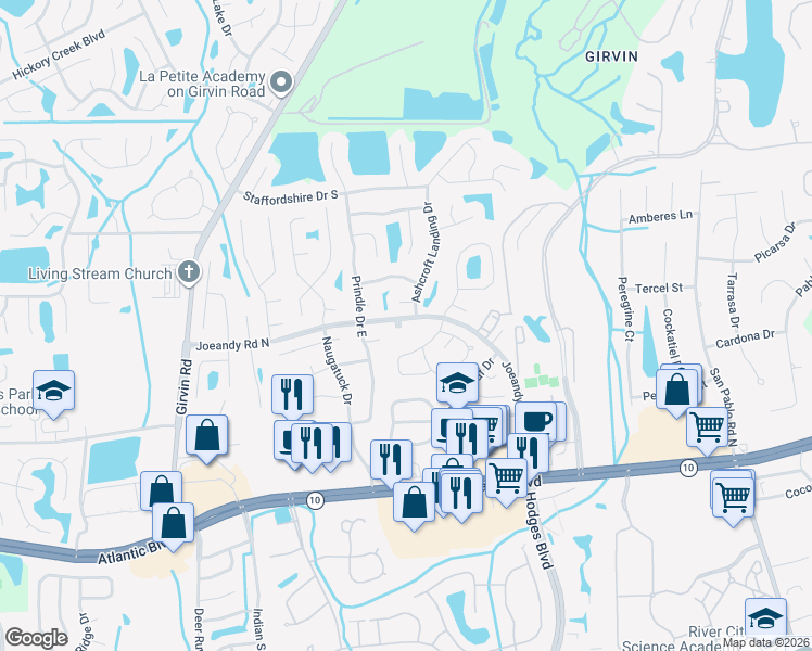 map of restaurants, bars, coffee shops, grocery stores, and more near 13234 Joeandy Road North in Jacksonville